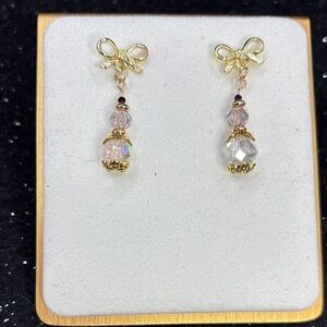 Gold Bow Crystal Drop Earrings - Pink/Clear